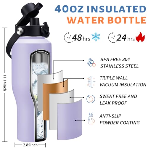 40 oz Insulated Bottle with Straw & Spout Lid – Leak Proof fit Cup Holder - color: Light Purple, size: 40 Ounces