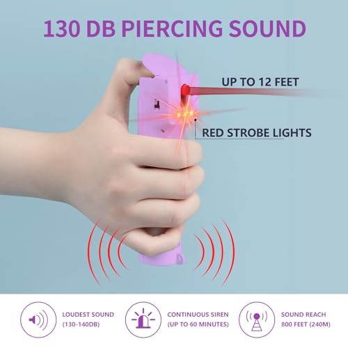 3-in-1 Personal Alarm with Pepper Spray, 130dB Siren, Red Strobe Lights, Replaceable Canister, Rechargeable, Self Defense Keychain for Women - color: Purple