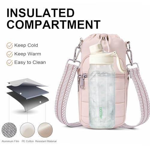 Water Bottle Bag 40 oz Crossbody Holder for Walking Hiking Insulated Carrier Purse with Adjustable Strap - color: Pink