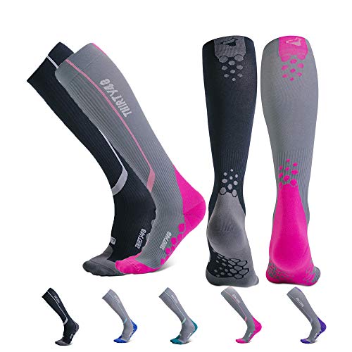 Thirty48 Elite Compression Socks Women & Men Graduated 20-30mmHg - color: [2 Pairs] Black/Grey & Pink/Grey, size: Small-Medium