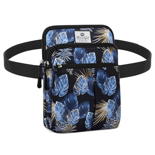 HUA ANGEL Multifunctional Fanny Pack for Men & Women Lightweight Waist Bag with 3 Zip Compartments, Cross body bag for Running Walking Sport Travel - color: Blue leaves