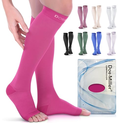 Doc Miller Open Toe Compression Socks, 20-30 mmHg, Knee High, Men & Women - color: Pink, size: Medium