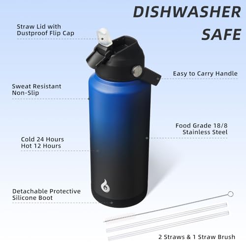 BJPKPK 32oz Insulated Water Bottle, Stainless Steel Bottle with Straw Lid - color: Black Blue, size: 32 Ounces