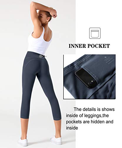 Dragon Fit Women's High Waisted Yoga Leggings 3 Pockets Workout Pants - color: Capri29-ink Blue, size: Small
