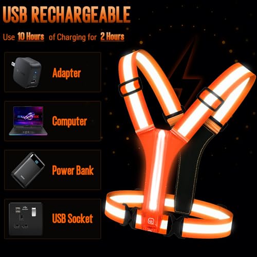 LED Reflective Vest Running Gear, Light Up Running Vest Rechargeable, Night Safety Gear for Walking Running Cycling - color: Orange