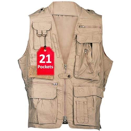 Humvee Utility Vest with 21 Pockets -Travel, Safari, Hunting, Camping, 100% Cotton, Tactical Jacket for Men & Women - color: Khaki, size: X-Large