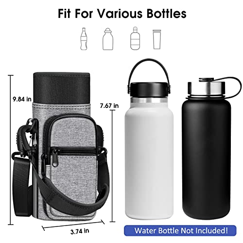 CaseBot Water Bottle Carrier Bag Sling Case, Sports Water Bottle Pouch Holder Sleeve with Adjustable Shoulder Hand Strap and 2 Pockets for Men Women Hiking Camping Travelling - color: Gray