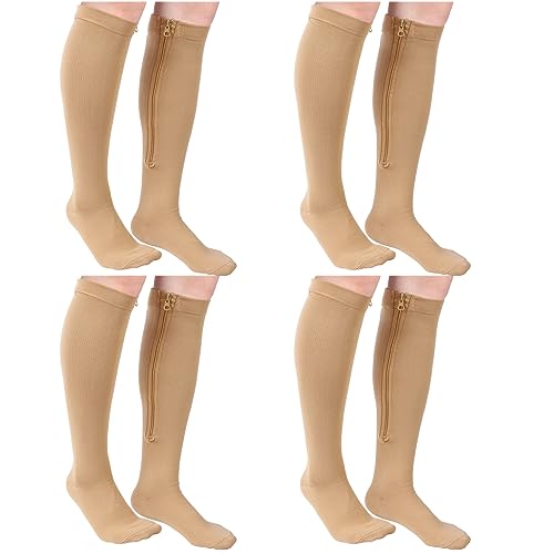 Tarpop 4 Pair Zipper Compression Socks for Women Men - color: Nude, size: L/ XL