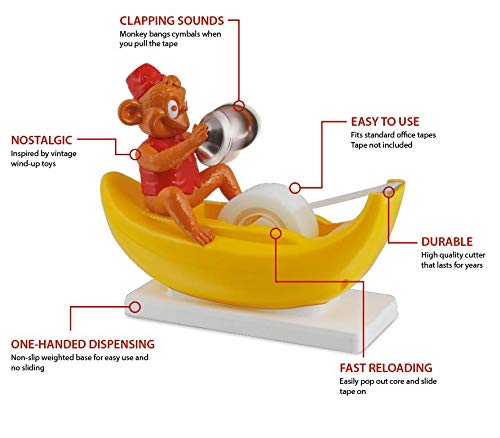 Amazeko Clapping Monkey Tape Dispenser with Cymbals, Fun Animal Desk Decor, 1 in Core, Non-Slip Weighted Banana