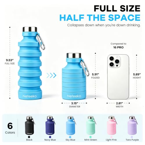 Nefeeko Collapsible Water Bottle, 27oz Reuseable BPA Free Silicone Foldable Water Bottles for Travel Gym Camping Hiking, Portable Leak Proof Sports Water Bottle with Carabiner - color: Blue-27oz