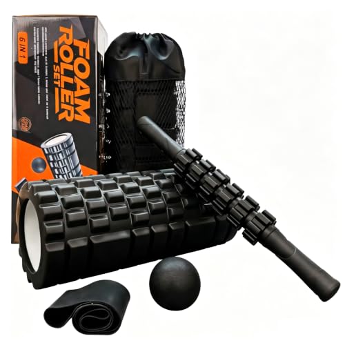 Aucuu 6 in 1 Foam Roller Set Includes Hollow Core Massage Roller, Yoga Stick, Massage Ball, Fitness Stretching Strap, Carrying Bag, Towel, Massage Roller (Black) - color: Black