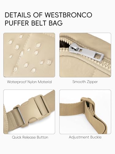 WESTBRONCO Puffer Fanny Packs for Women Quilted Nylon Waterproof Belt Bag with 2 Zipper, Puffy Crossbody Bag with Adjustable Strap, 1L Waist Bag for Travel Daily - color: Khaki-25