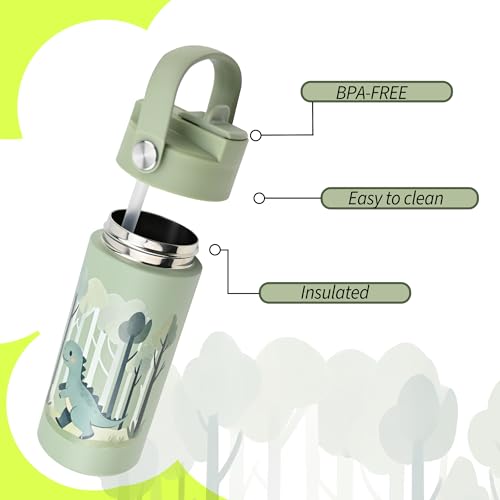 14 oz Insulated Water Bottle with Straw Lid and Handle, Stainless Steel Leak Resistant Travel Bottle for Lunch, Backpack, Camping, Green Dinosaur - color: Cute Dinosaur