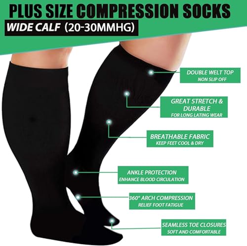 4 Pairs Plus Size Compression Socks,Extra Wide Calf - color: 01-4pairs Black, size: 3X-Large