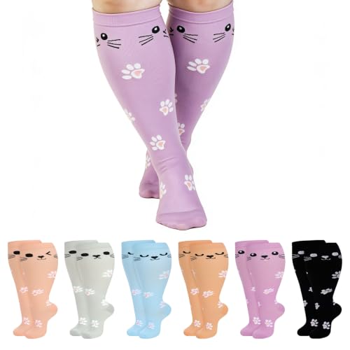 Jspupifip 6 Pairs Plus Size Compression Socks for Women, Wide Calf - color: Black, Gray, Blue, Purple, Pink, Khaki, size: XX-Large