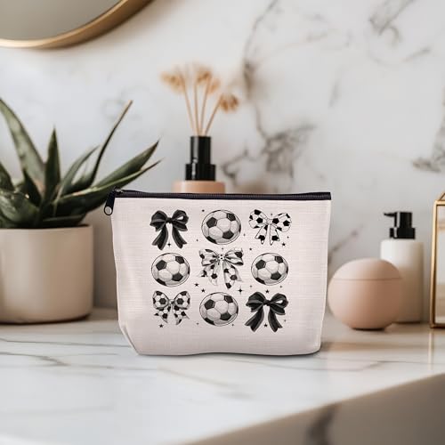 Soccer Gifts for Women — Bow Soccer Makeup Bag Cosmetic Bag Makeup Zipper Pouch - color: Soccer