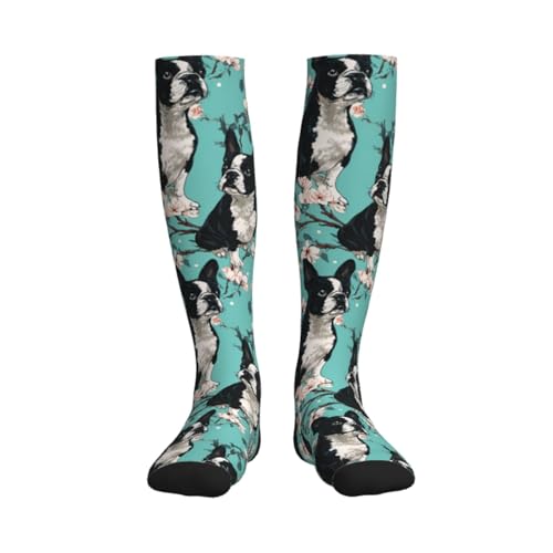 Cute Compression Socks Knee High Support Stockings Women Men - color: Boston Terrier Dog Flowers