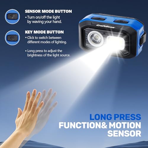 Rechargeable LED Headlamp w/Reflective Headband, 500LM USB-C Waterproof, Motion & Dimming, 4 Modes & Memory, Li-ion/AAA Dual Power, Magnetic 60° Mount for Camp Hike Work - color: Black-Blue
