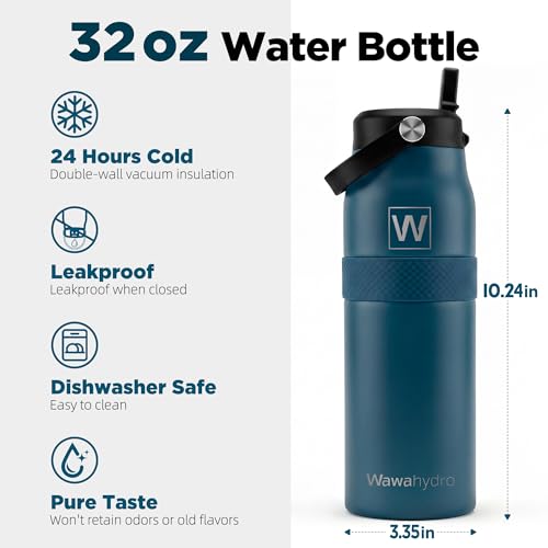 32 oz Insulated Water Bottle with Straw, Leakproof Stainless Steel Bottle with Handle, Non-Slip Silicone Sleeve, Internal Markings, Dishwasher Safe for Travel, Gym, Sports, Matte Navy - color: Matte Navy