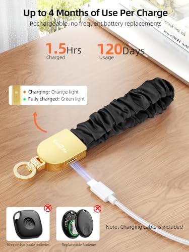 Keychain Wristlet, Works with Apple Find My, Rechargeable - color: Black+Gold