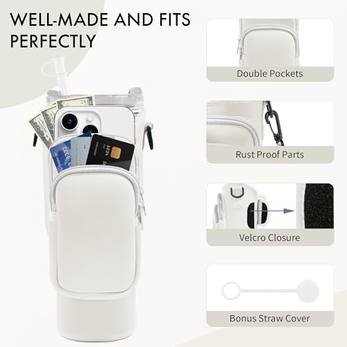 JEBEALUO Water Bottle Carrier Bag with Phone Pocket for Stanley Cup 40/30 oz, Water Bottle Holder with Adjustable Strap& Straw Cover, Stanley Cup Accessories