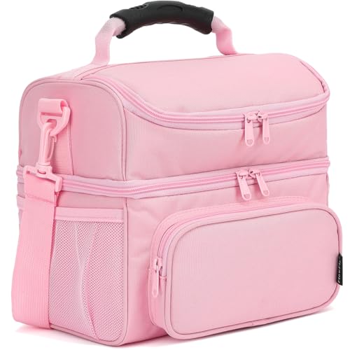 FlowFly Double Layer Cooler Insulated Lunch Bag Adult Lunch Box Large Tote Bag for Men, Women, With Adjustable Strap,Front Pocket and Dual Large Mesh Side Pockets - color: Pink#2