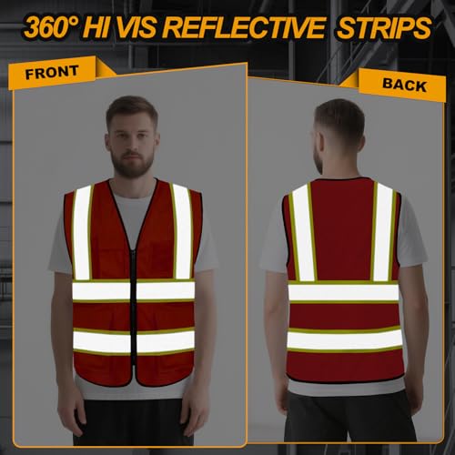 High Visibility Vest 5 Pockets Safety Vest with Zipper, Red S - color: Red, size: Small