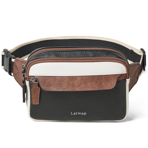 LATMAP 3L Fanny Packs for Women Cross Body Bag Vegan Leather Waist Belt Bag - color: Black and Brown with Beige