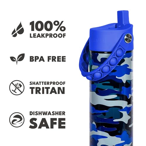 Elemental Splash 26oz Tritan Plastic Water Bottle with Straw & Pop-It Strap - color: Blue Camo, size: 26 Ounces