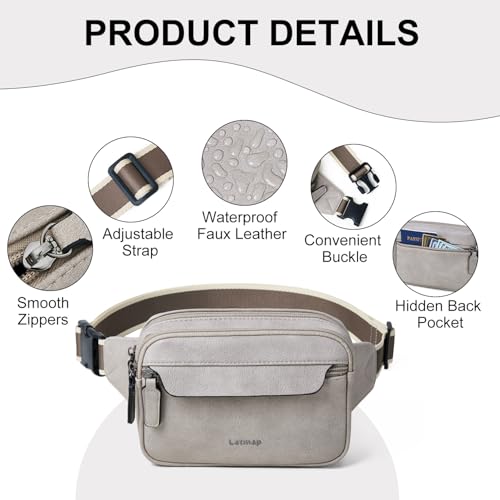 LATMAP 3L Fanny Packs for Women Cross Body Bag Leather Belt Bag Greyish - color: Light Grey