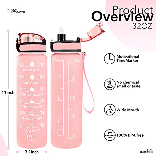 32 oz Water Bottles with Strap & Straw, Sport Motivational Water Bottles - color: Pink Peach Blossoms