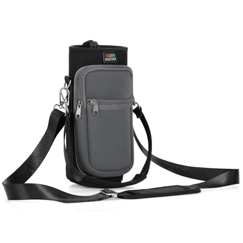 Nuovoware Water Bottle Carrier Bag, 25oz/32oz Bottle Holder with Adjustable Shoulder Strap, 2 Pocket Sling Bag - Neoprene Sleeve for Hiking, Travelling - Black/Gray - color: Black/Gray, size: 25-32 Ounces - Standard