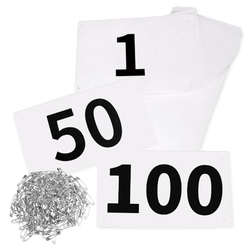 JEELAD Race Bibs 4" x 7" Running Bids Racing Numbers with Safety Pins Tyvek Tearproof Waterproof Number Cards 1-200 for Marathon Runners Sports Races Competition Events - color: White [4"x7"] 001-100