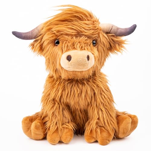 Highland Cow Microwavable Stuffed Animal – 1.5 lb Unscented Heating Pad Plush, Soft Cozy Cute Cow Toy for Relaxation and Comfort, Gift for Women, Girls, Adults & Kids by Happy Fuel - color: Brown Highland Cow (Sitting Down)