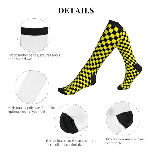 Compression Socks Knee High Circulation Support Socks For Women Men Athletic Running Work Hiking Cycling Travel - color: Black and Yellow Plaid