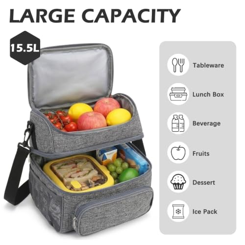 FlowFly Double Layer Cooler Insulated Lunch Bag Adult Lunch Box Large Tote Bag for Men, Women, With Adjustable Strap,Front Pocket and Dual Large Mesh Side Pockets - color: Gray