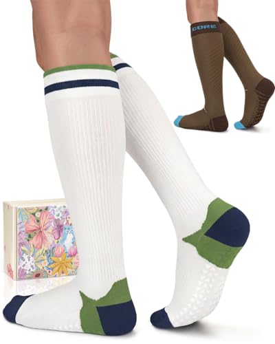 Compression Socks with Grips for Women Toe Pilates Socks Grippy Socks Woman Hospital Non Slip for Pregnancy Nurse - color: B04-Coffee/White