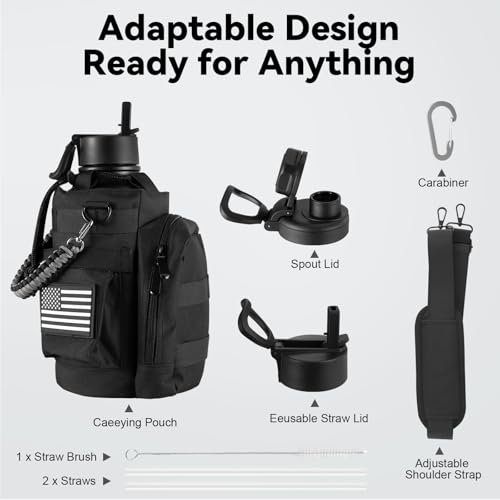 KXIAOCHEN Insulated Water Bottle with Strap, 48-Hour Cold, 2 Lids - color: Black Gray-B, size: 64 Ounces