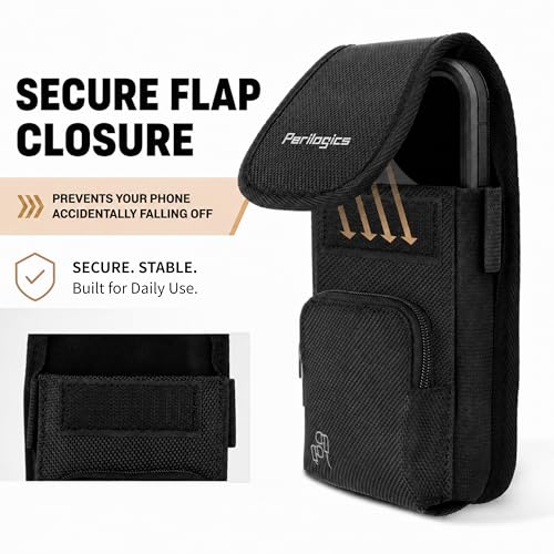Perilogics Tactical MOLLE Phone Holster for Men, EDC Cell Phone Pouch with Belt Clip, Durable Nylon Belt Phone Holder Fits iPhone 17/16/15/14 Pro Max, Samsung S25/S24 Ultra with Rugged Case - color: Black-Molle
