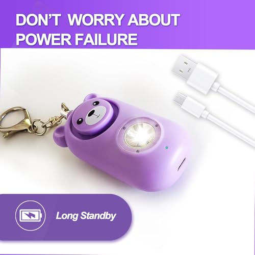 Personal Safety Alarm with LED Light, Rechargeable Cute Bear Design 130dB Self Defense Keychain Alarm, Emergency Security Alarm for Women Men Gilrs - color: Purple