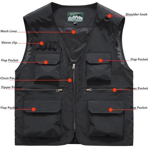 Men's Utility Fishing Cargo Vest Outdoor Lightweight Safari Travel Photo Vest Hiking Waistcoat With Multi Pockets - color: Black, size: Large