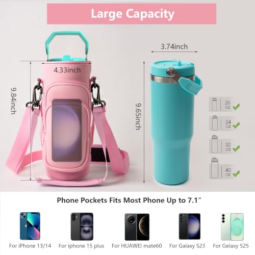 linmaya Water Bottle Carrier Bag,Water Bottle Holder with Straps Phone Pockets Fits Stanley IceFlow Owala 16/24/32/40oz Tumbler - color: Rose Pink, size: 16-40 Oz wihtout Handle
