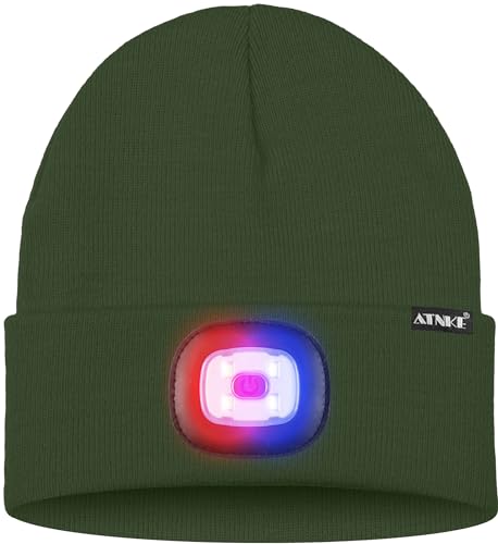 ATNKE LED Lighted Beanie Hat,USB Rechargeable 4 LED Red and Blue Flashing Running Headlamp Cap Gifts for Men and Women - color: #Dark Army Green