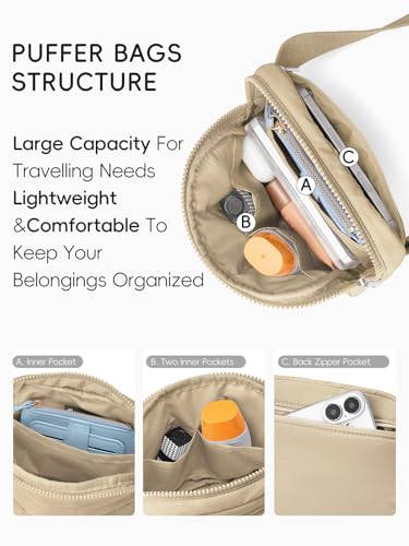 WESTBRONCO Puffer Fanny Packs for Women Quilted Nylon Waterproof Belt Bag with 2 Zipper, Puffy Crossbody Bag with Adjustable Strap, 1L Waist Bag for Travel Daily - color: Khaki-25