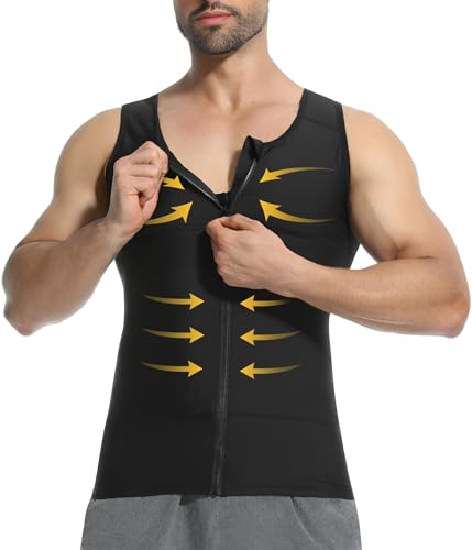 Mens Compression Shirt Zipper, Gynecomastia Tummy Control Vest, Back Support Shapewear Slimming Undershirt - color: Black, size: Medium
