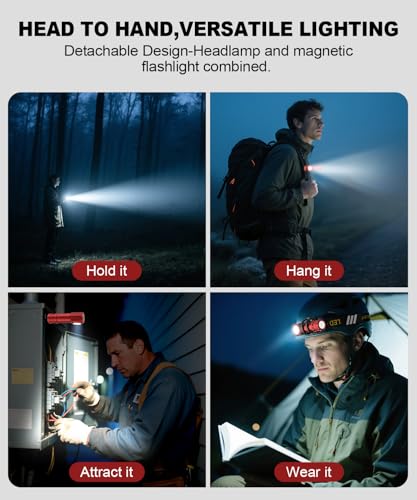 2 in 1 Detachable Flashlight & Headband, LED Rechargeable Headlamp for Adults - Hard Hat Light Running Head Lamp with Red Light, Magnet, 180° Tilt, 7 Modes, Outdoor, Emergency 1PC, Red
