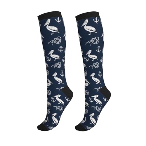 Patterned Knee High Socks for Women Men Athletic Running Travel Work - color: Coastal Nautical Pelican Anchor