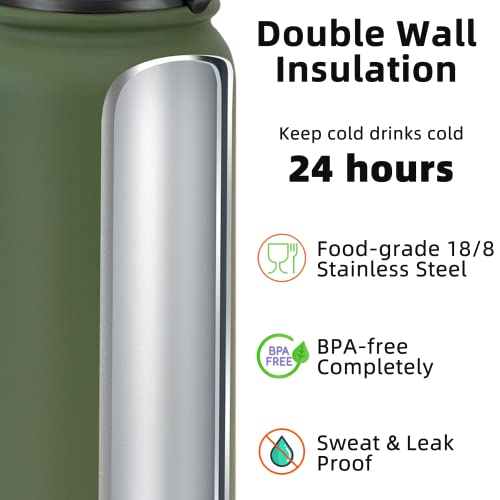 Fanhaw 20oz Stainless Steel Water Bottle with Chug Lid, Olive Green - color: Olive Green, style: 20 Ounces