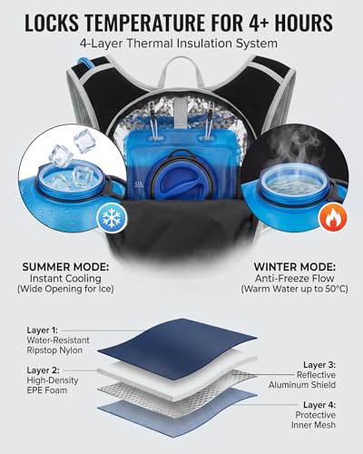 VPBAGE Hydration Backpack with 2L Bladder – Thermal Insulated Water Pack for Hiking, Skiing, Running – Lightweight Daypack for Men & Women, Soft-Lined Sunglasses Pocket & Large Waist Pockets - color: Black