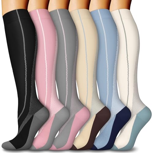 6 Pairs Compression Socks for Women & Men 15-20mmHg Knee High Socks - color: 101 - Black/Dark Grey/Pink/Yellow/Blue/White, size: Small-Medium